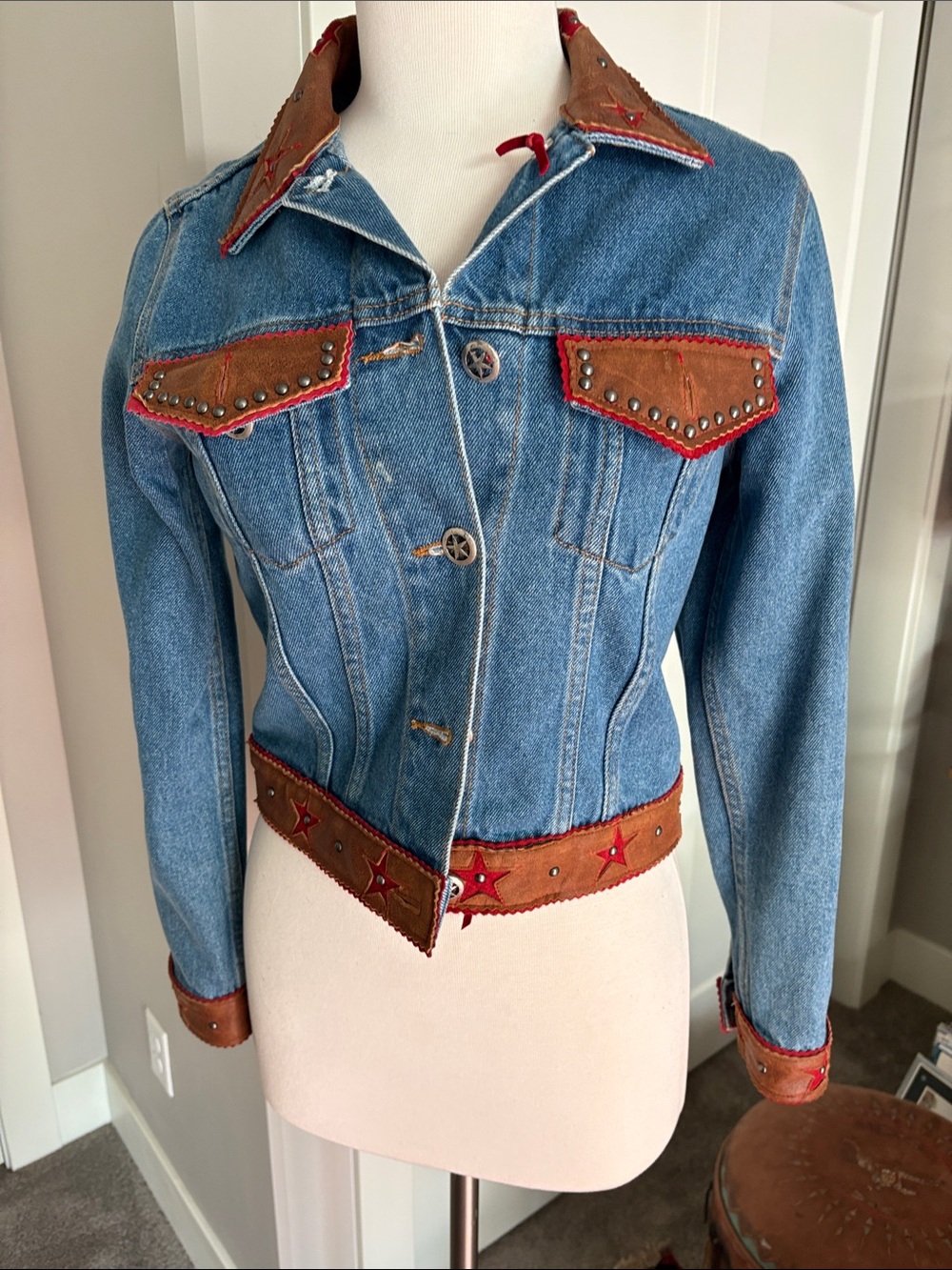 Patricia wolf Denim Jacket with Brown and red leather trim with stars and studs